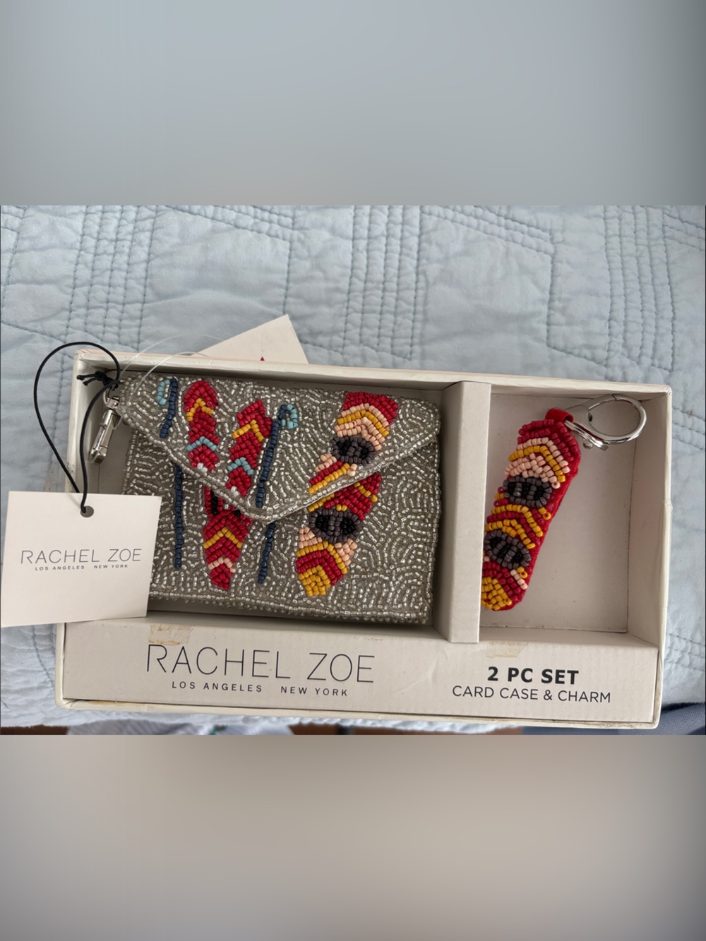 Rachel Zoe Silver Beaded Card Case with Red & Yellow Beaded Key Charm